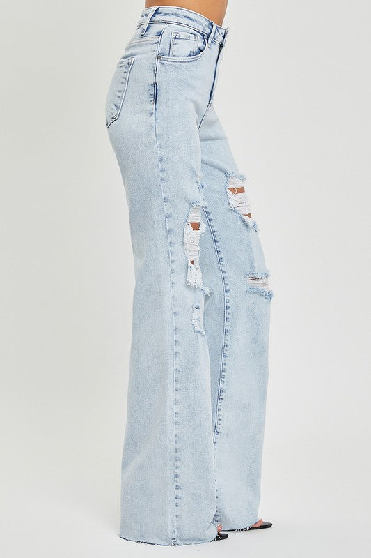 Watch Out Distressed Wide Leg Risen Jeans