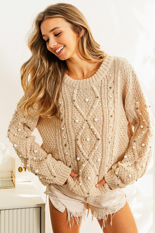 Baby Come Home Beige Pearl Sweater