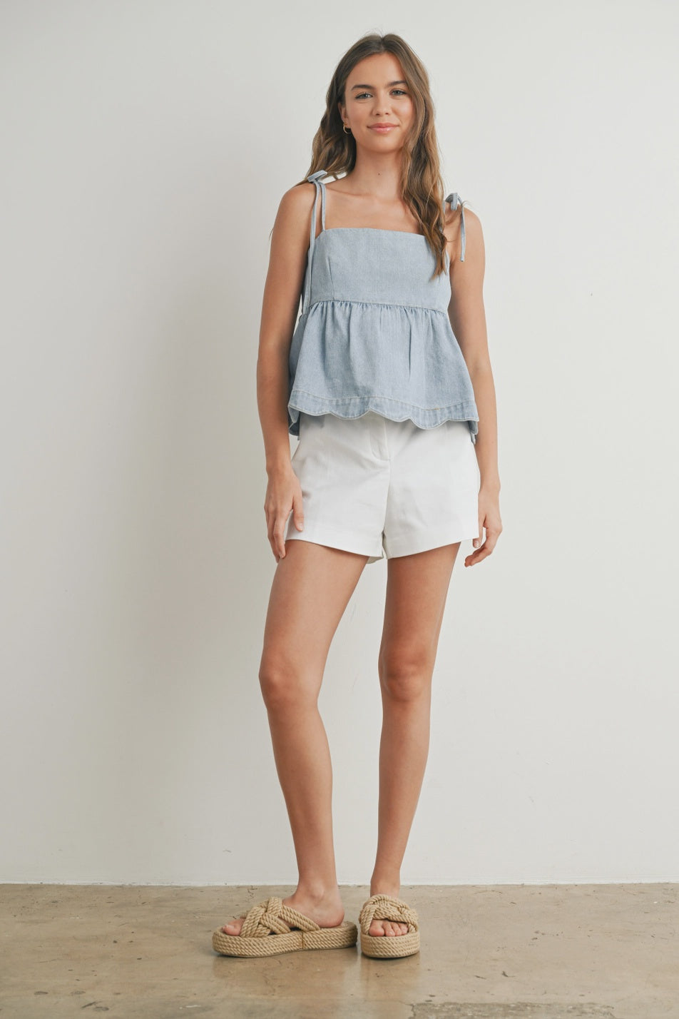 On Shore Time Scalloped Light Denim Top