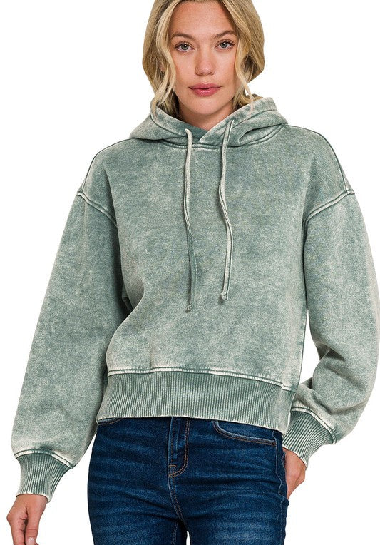 Headed There Sage Acid Wash Fleece Hoodie