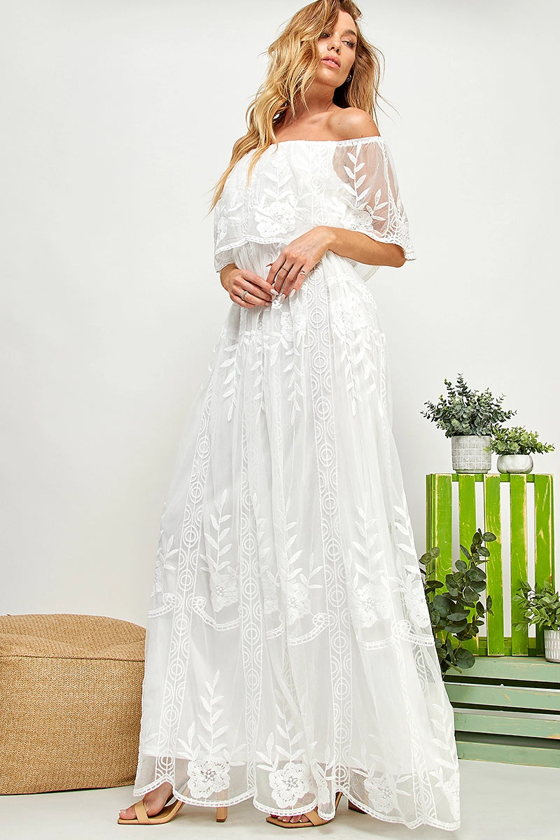 Sail Away White Lace Off Shoulder Maxi Dress