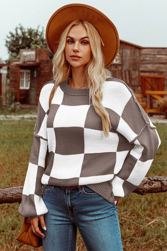 Casual Cutie Brown Checkered Sweater