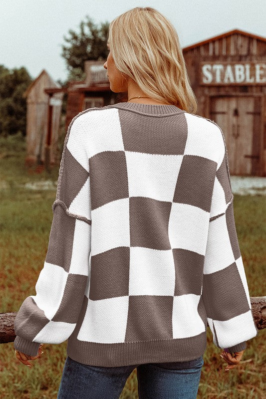 Casual Cutie Brown Checkered Sweater