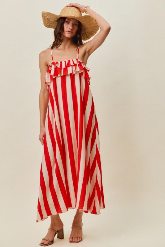 Right From The Start Red Ruffled Striped Maxi