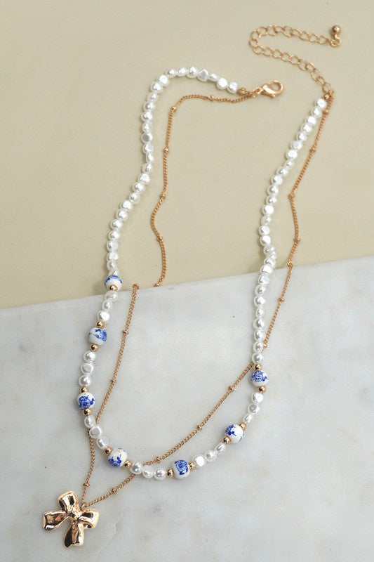 Blue Willow Gold Bow Pearl Necklace