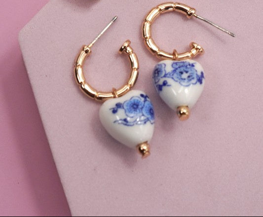 Blue Willow Heart Earrings