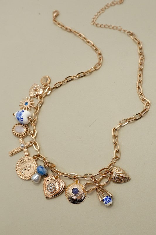 Blue Willow Gold Charm Cross Necklace