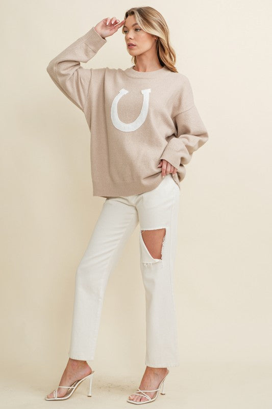 Bareback Rider Beige Horseshoe Sweater