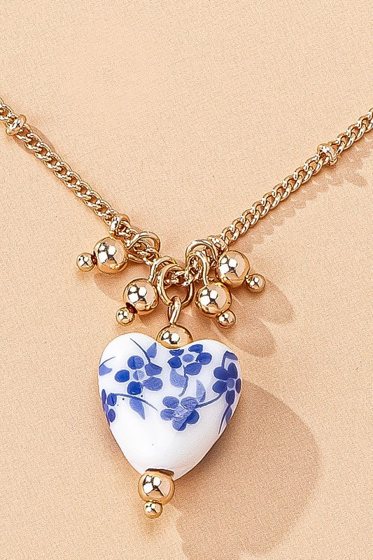 Blue Willow Heart Gold Necklace