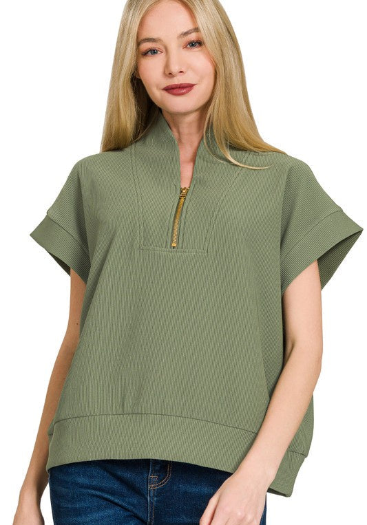 Just A Matter Of Time Olive Zip Up Top