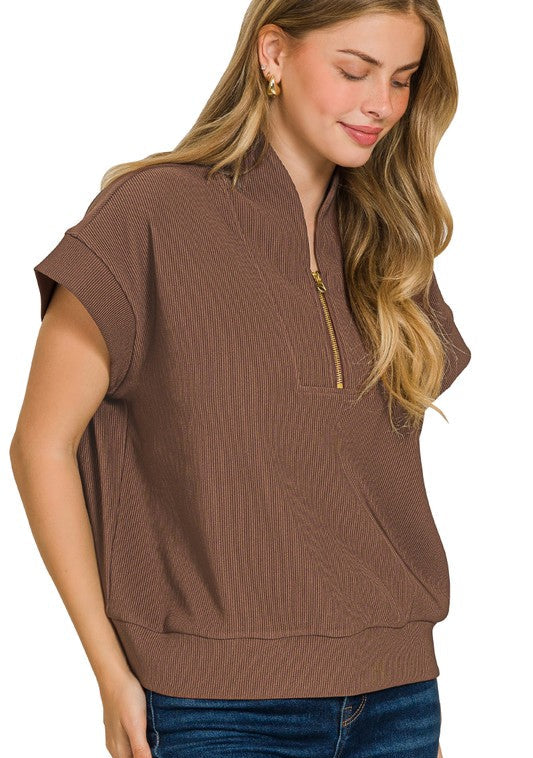 Just A Matter Of Time Brown Zip Up Top