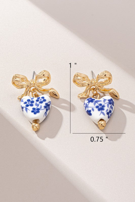 Blue Willow Gold Bow Heart Earrings