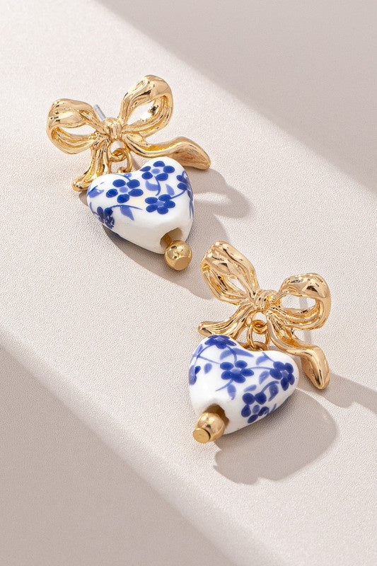 Blue Willow Gold Bow Heart Earrings
