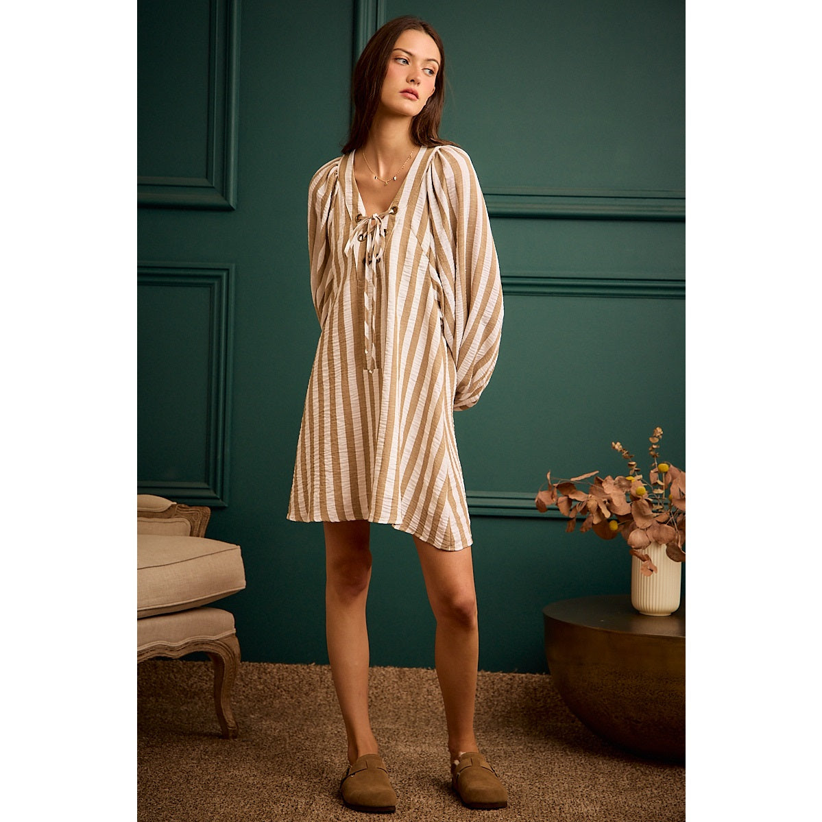Your Secret Is Safe With Me Striped Mocha Lace Up Dress