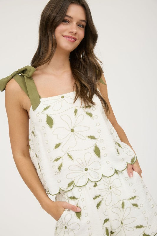 Every Story Is Worth Telling Embroidered Olive Scalloped Tank