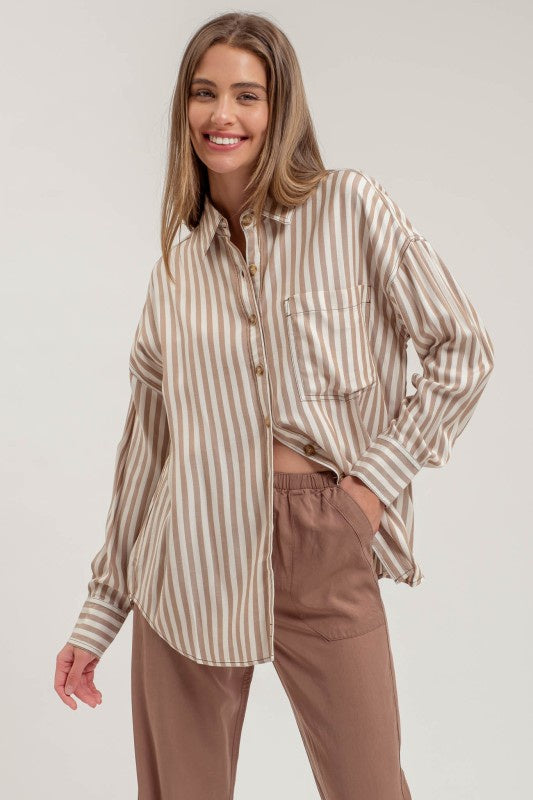 Slow And Steady Taupe Striped Top