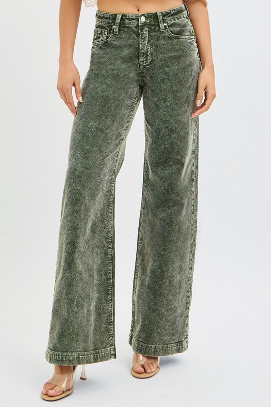 Country Christmas Forest Green Wide Leg Corduroy Risen Jeans
