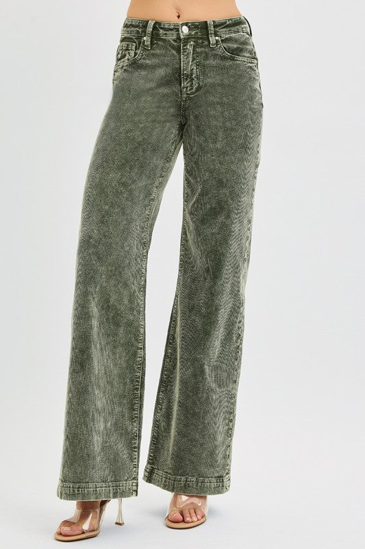 Country Christmas Forest Green Wide Leg Corduroy Risen Jeans