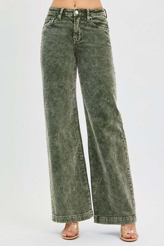 Country Christmas Forest Green Wide Leg Corduroy Risen Jeans