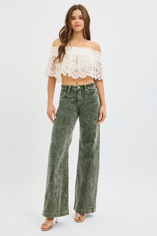 Country Christmas Forest Green Wide Leg Corduroy Risen Jeans