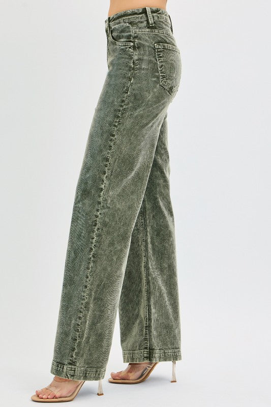 Country Christmas Forest Green Wide Leg Corduroy Risen Jeans