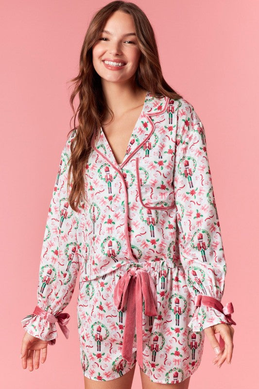 Dreaming Of A Pink Christmas Nutcracker Satin Christmas PJ Set