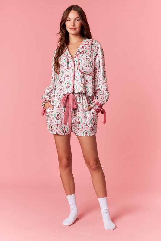 Dreaming Of A Pink Christmas Nutcracker Satin Christmas PJ Set