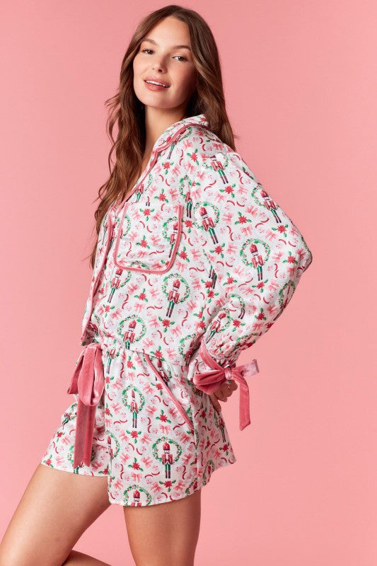 Dreaming Of A Pink Christmas Nutcracker Satin Christmas PJ Set
