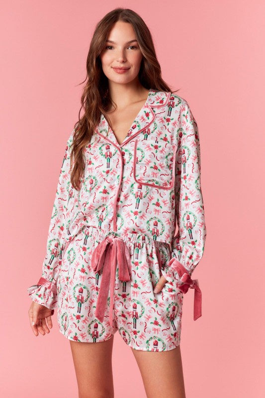 Dreaming Of A Pink Christmas Nutcracker Satin Christmas PJ Set