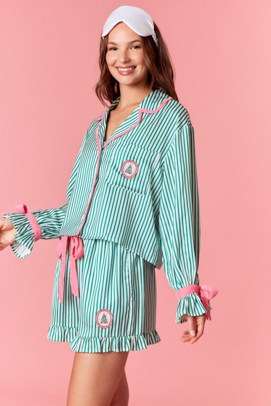Gift Me Up Green Striped Satin Christmas PJ Set