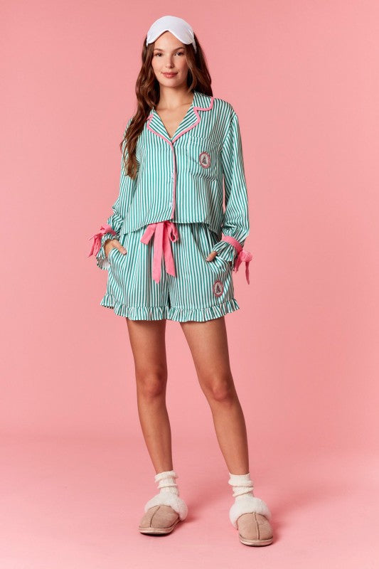 Gift Me Up Green Striped Satin Christmas PJ Set