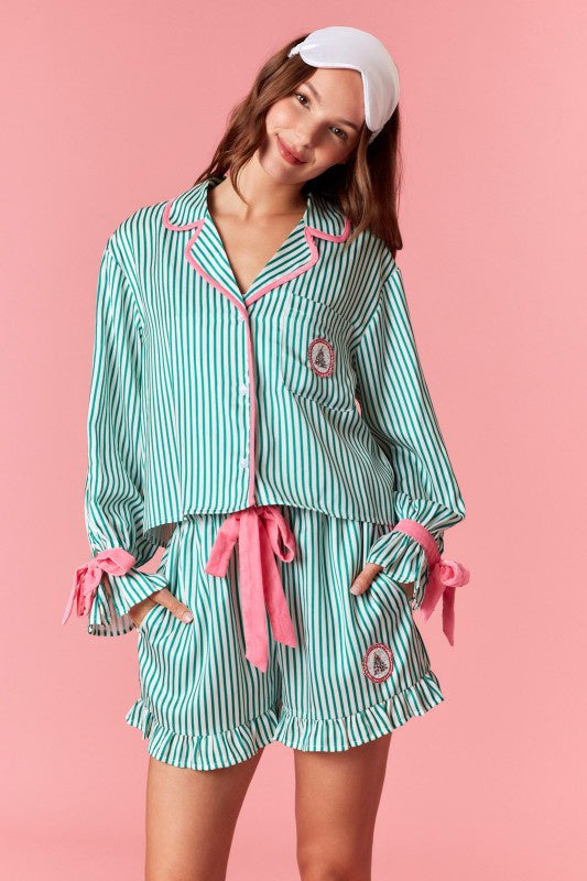 Gift Me Up Green Striped Satin Christmas PJ Set