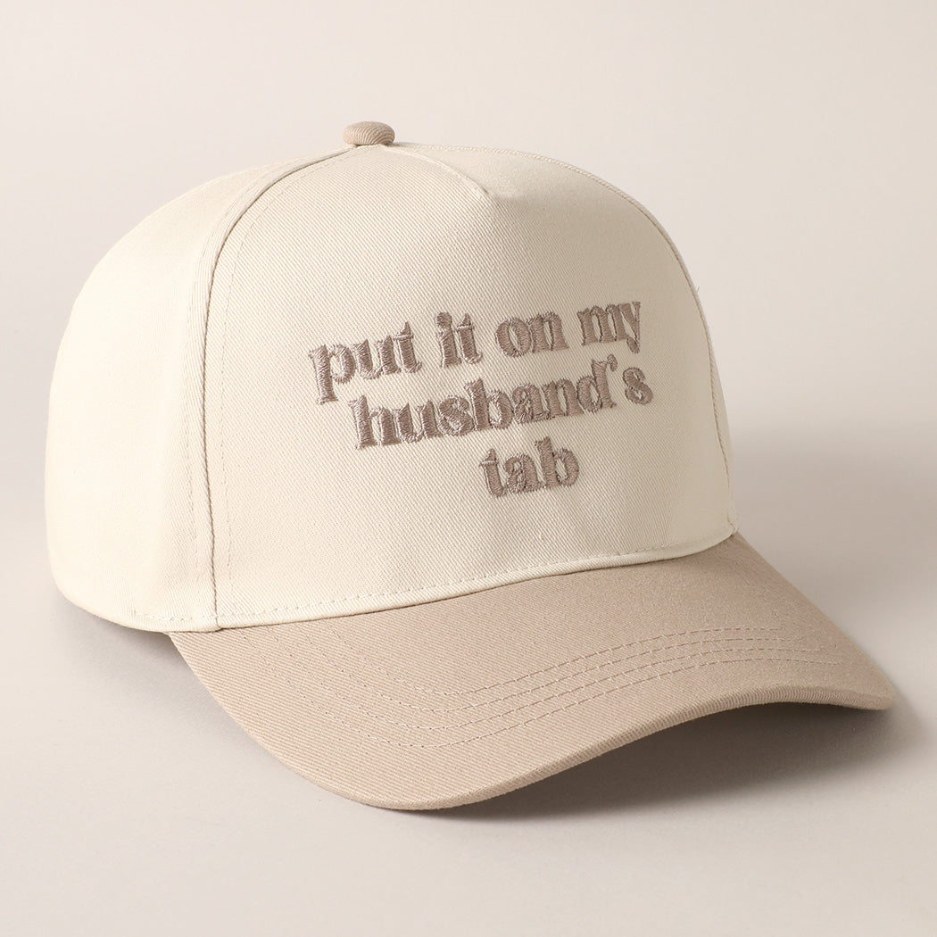 Put It On My Husband's Tab Beige Embroidered Trucker Hat