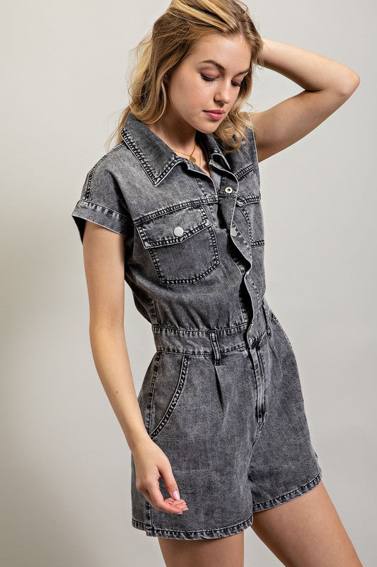 Meet Me At The Wine Tent Black Acid Wash Denim Romper