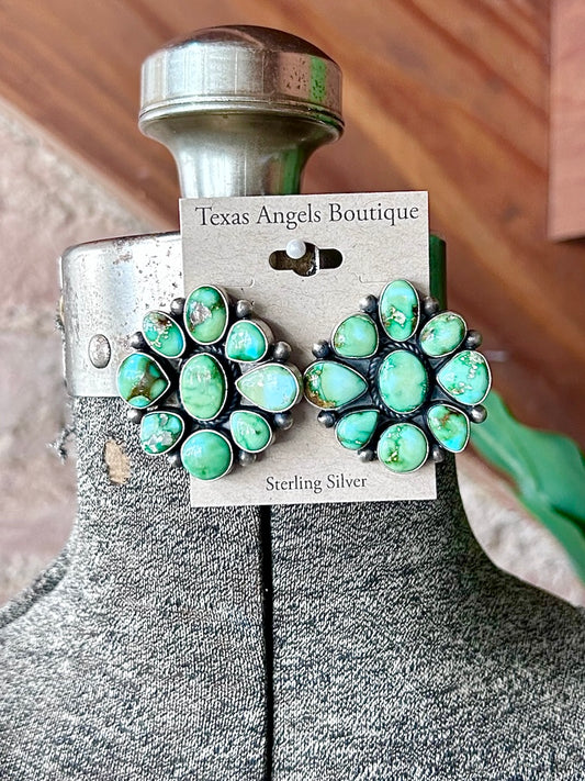 Navajo Handmade Sterling Silver Sonoran Gold Turquoise Cluster Earrings
