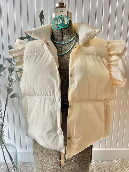 Rose Peddles Ruffle Sleeve Cream Puffer Vest