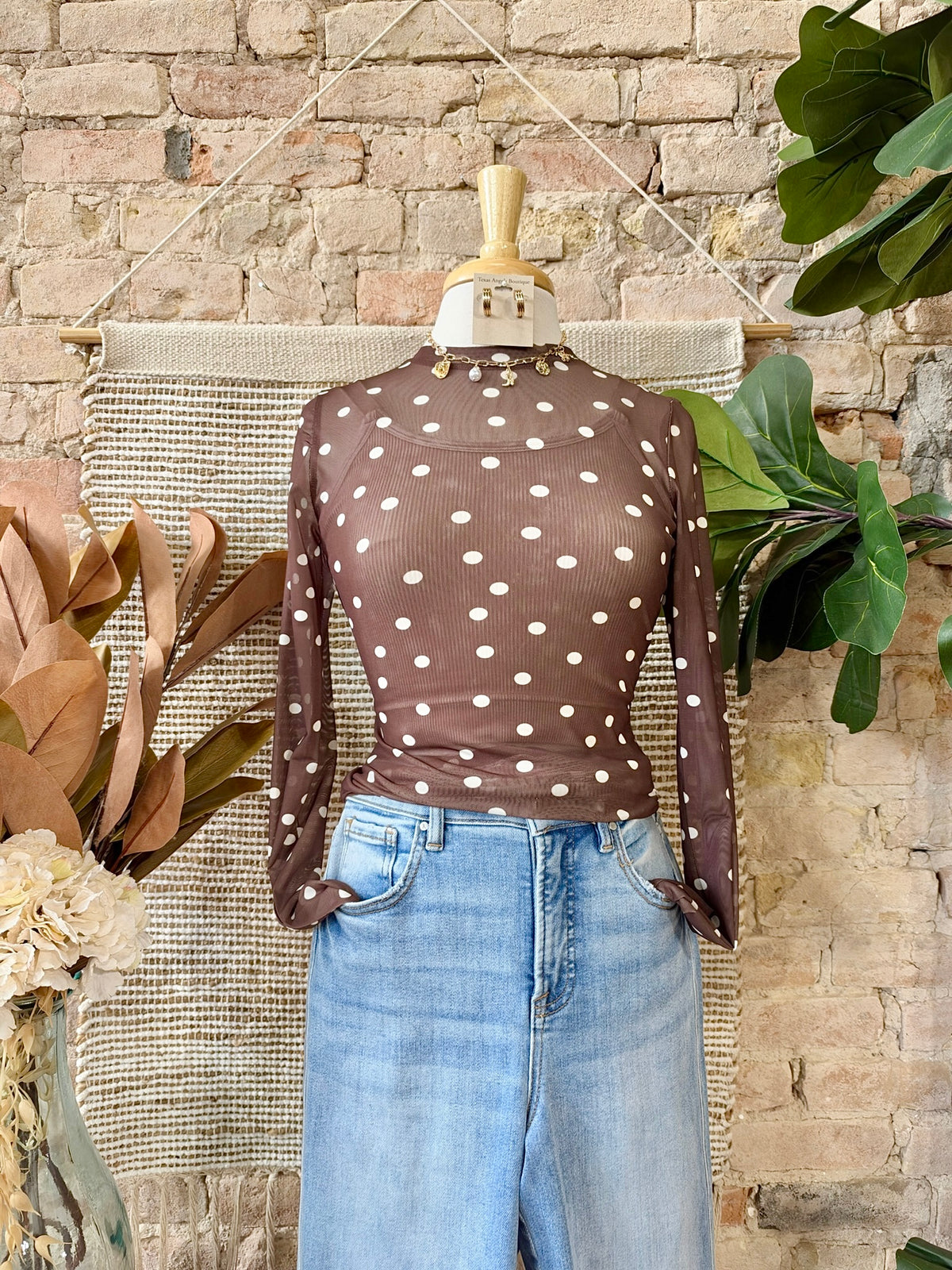 Lead The Way Brown Polka Dot Mesh Top