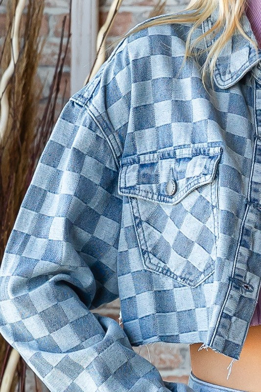 Let's Play Checkered Denim Crop Jacket