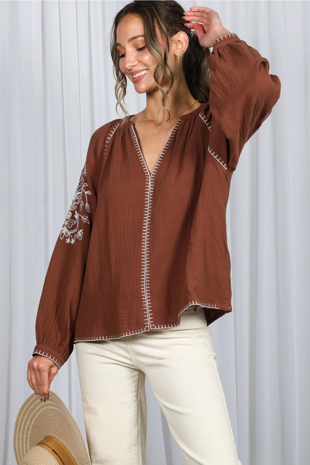 Beyond Blessed Brown Embroidered Blouse