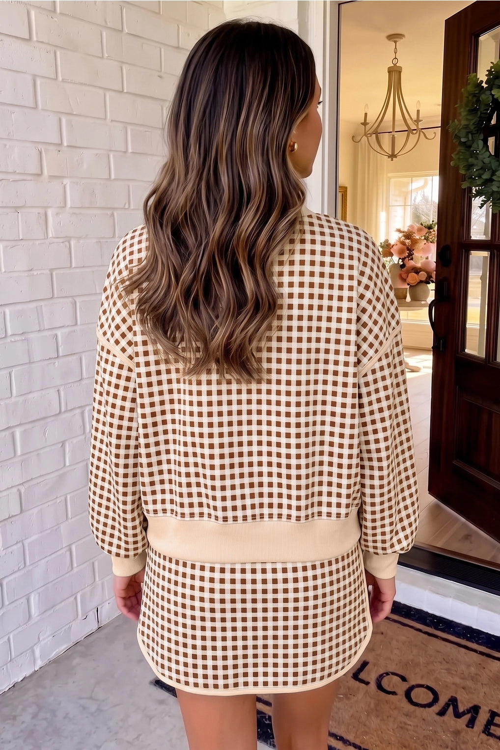 Bonfires & S’mores Brown Plaid Crewneck Top