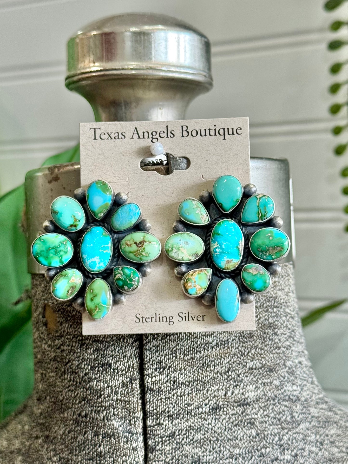 Navajo Handmade Sterling Silver Sonoran Gold Turquoise Cluster Earrings