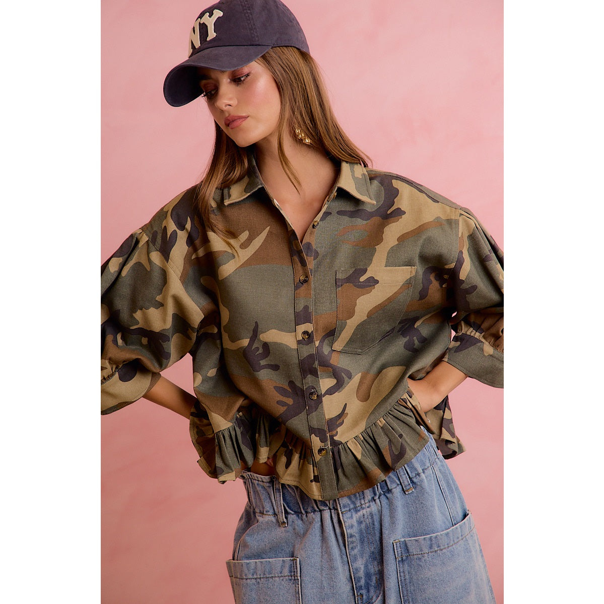 Outskirts Of Heaven Camo Ruffled Hem Blouse