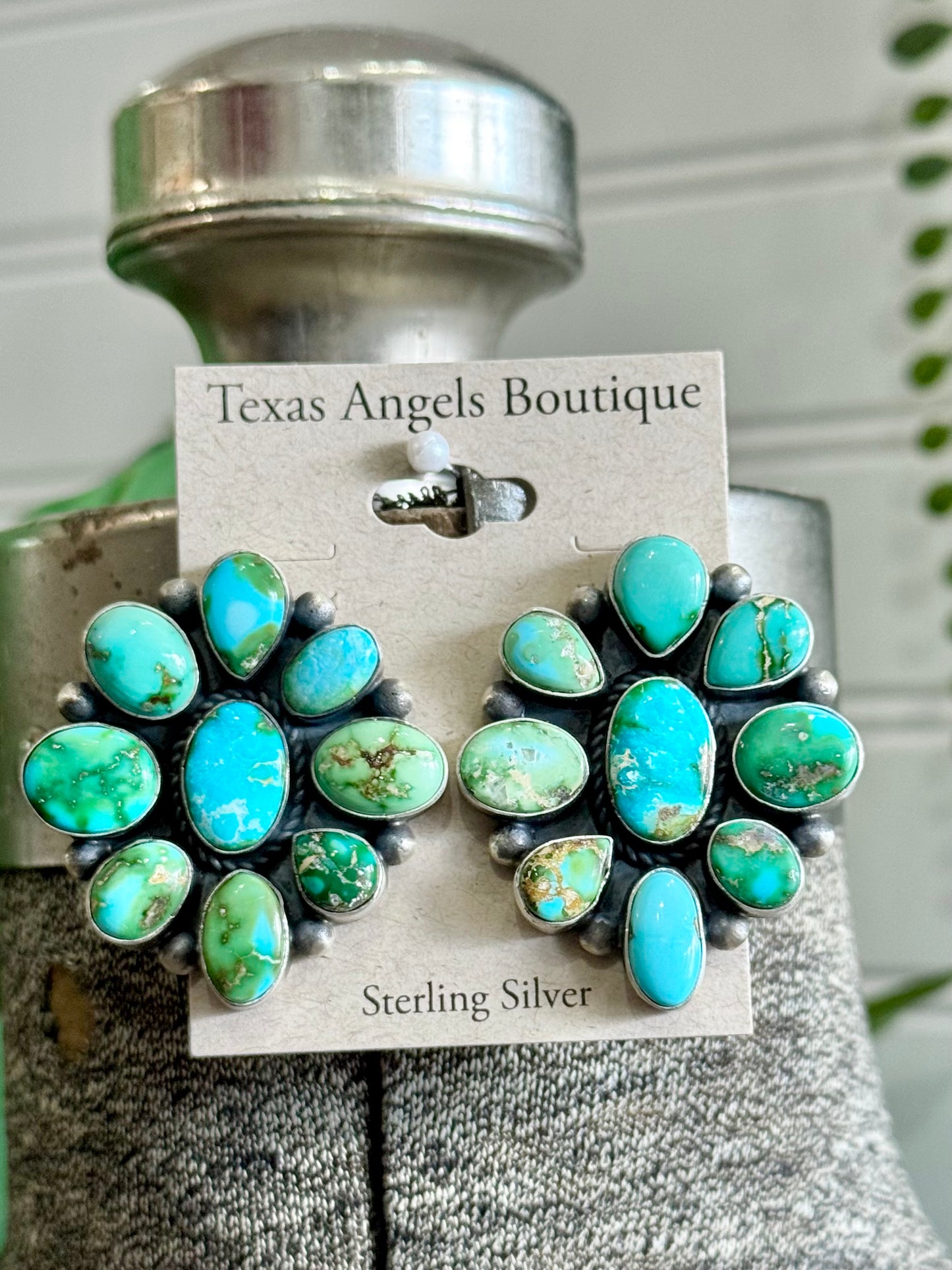 Navajo Handmade Sterling Silver Sonoran Gold Turquoise Cluster Earrings