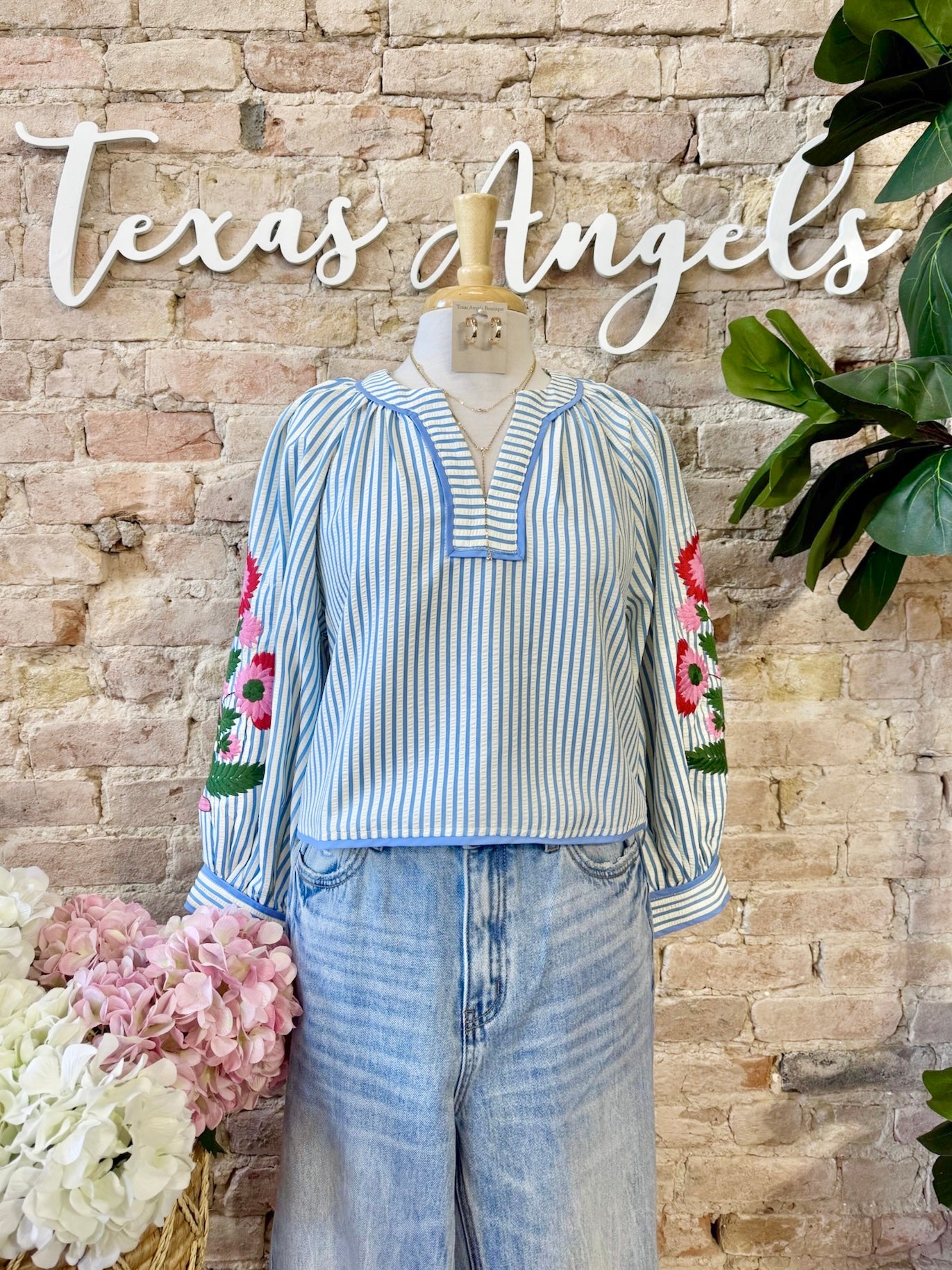 Can't Stop Staring At You Blue Striped Embroidered Blouse