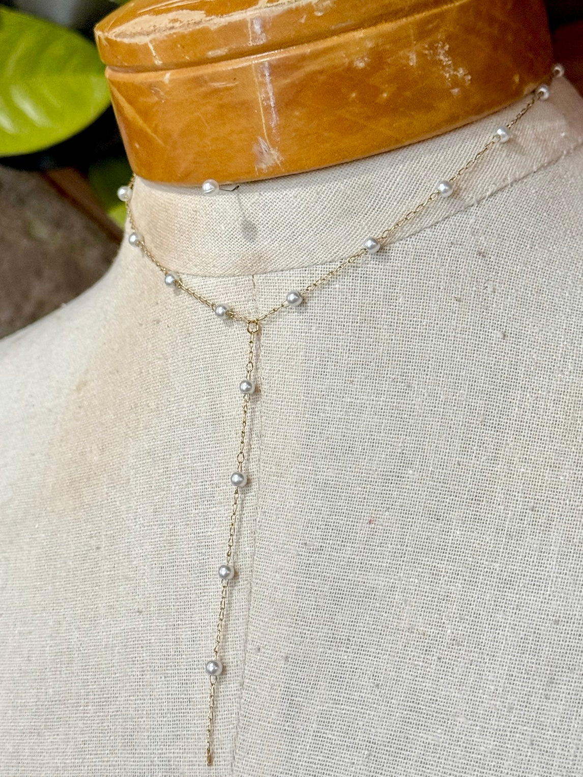 18K Stainless Steel Gold Layered Lariat Pearl Necklace