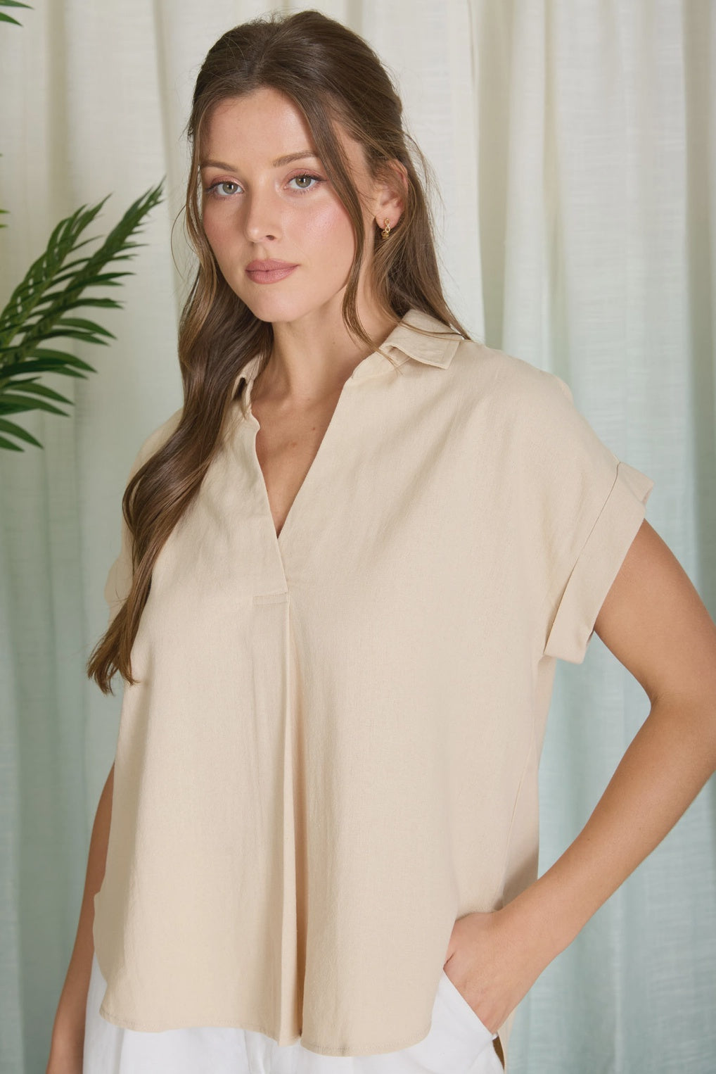 When The Leafs Start Turning Khaki Collared V-Neck Top