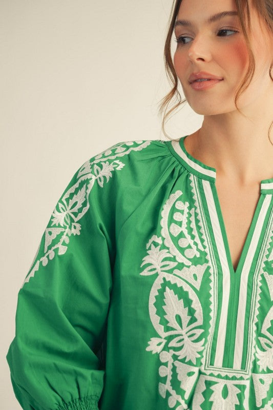Getaway Kelly Green Embroidered Blouse
