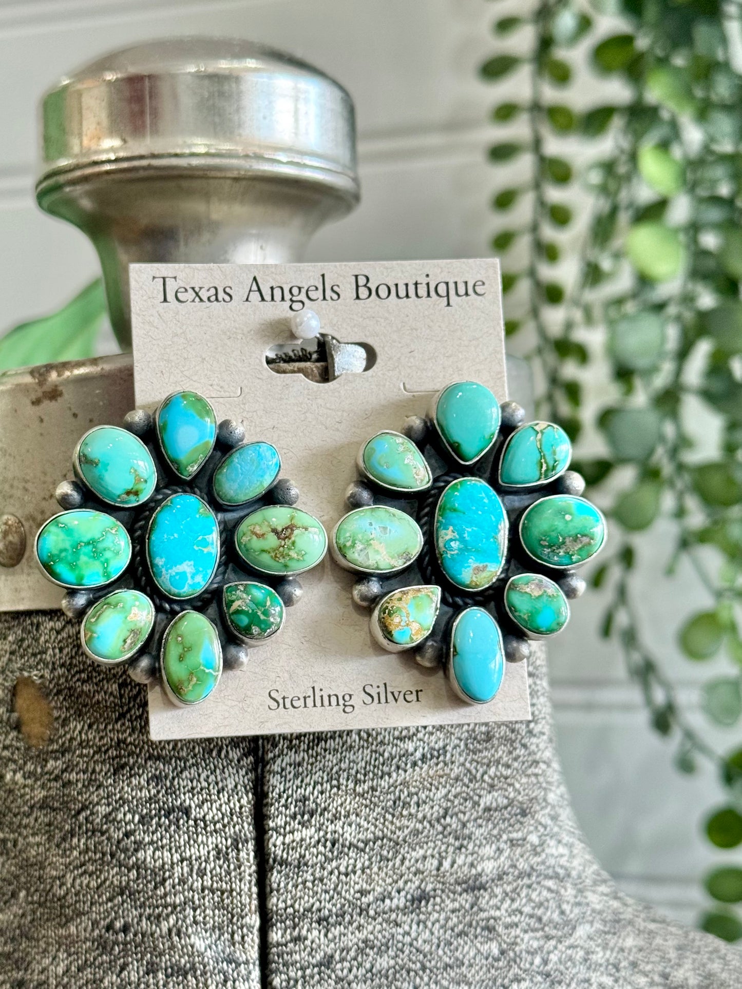 Navajo Handmade Sterling Silver Sonoran Gold Turquoise Cluster Earrings