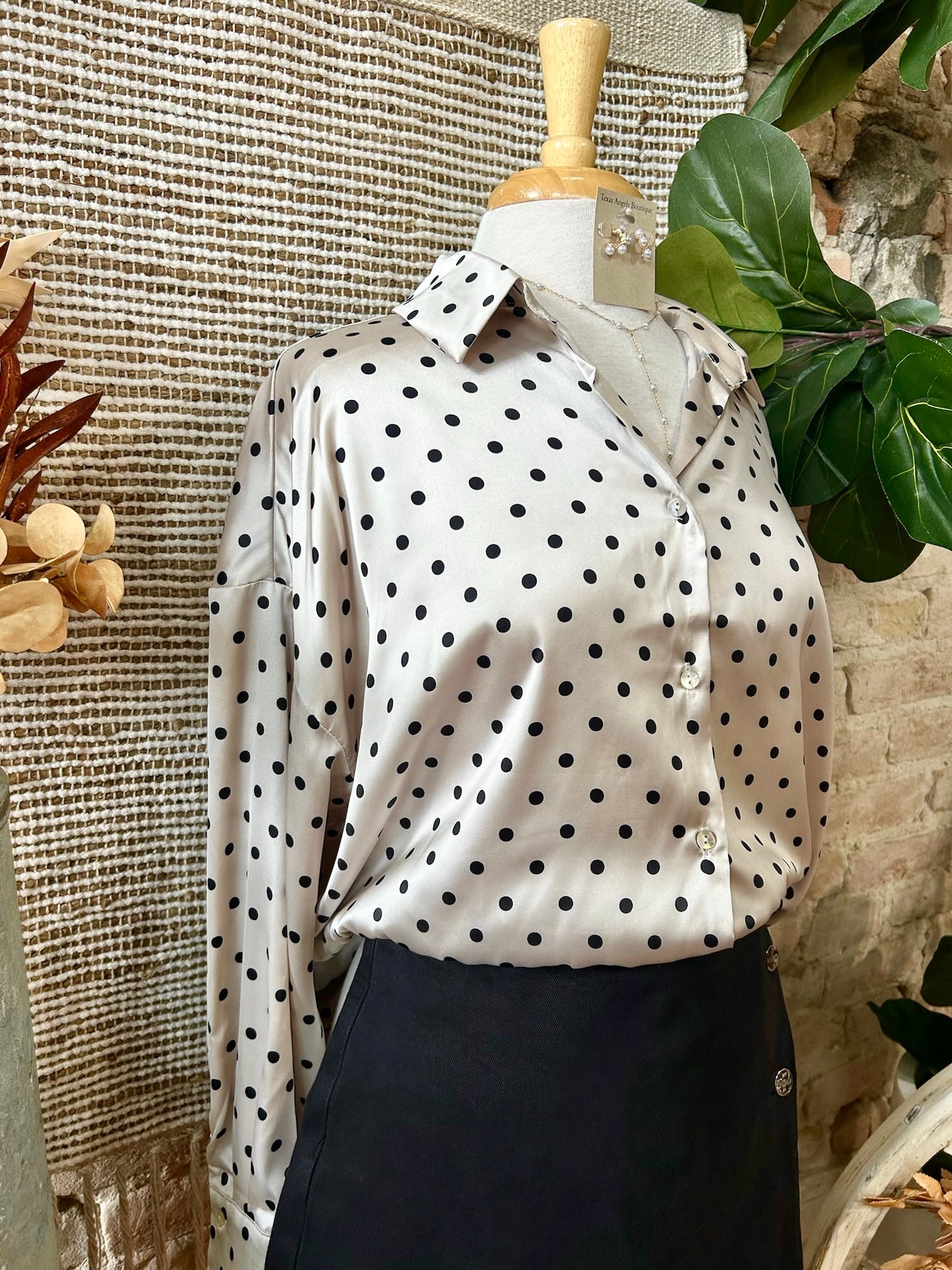 Sugar & Spice Ivory Polka Dot Satin Blouse