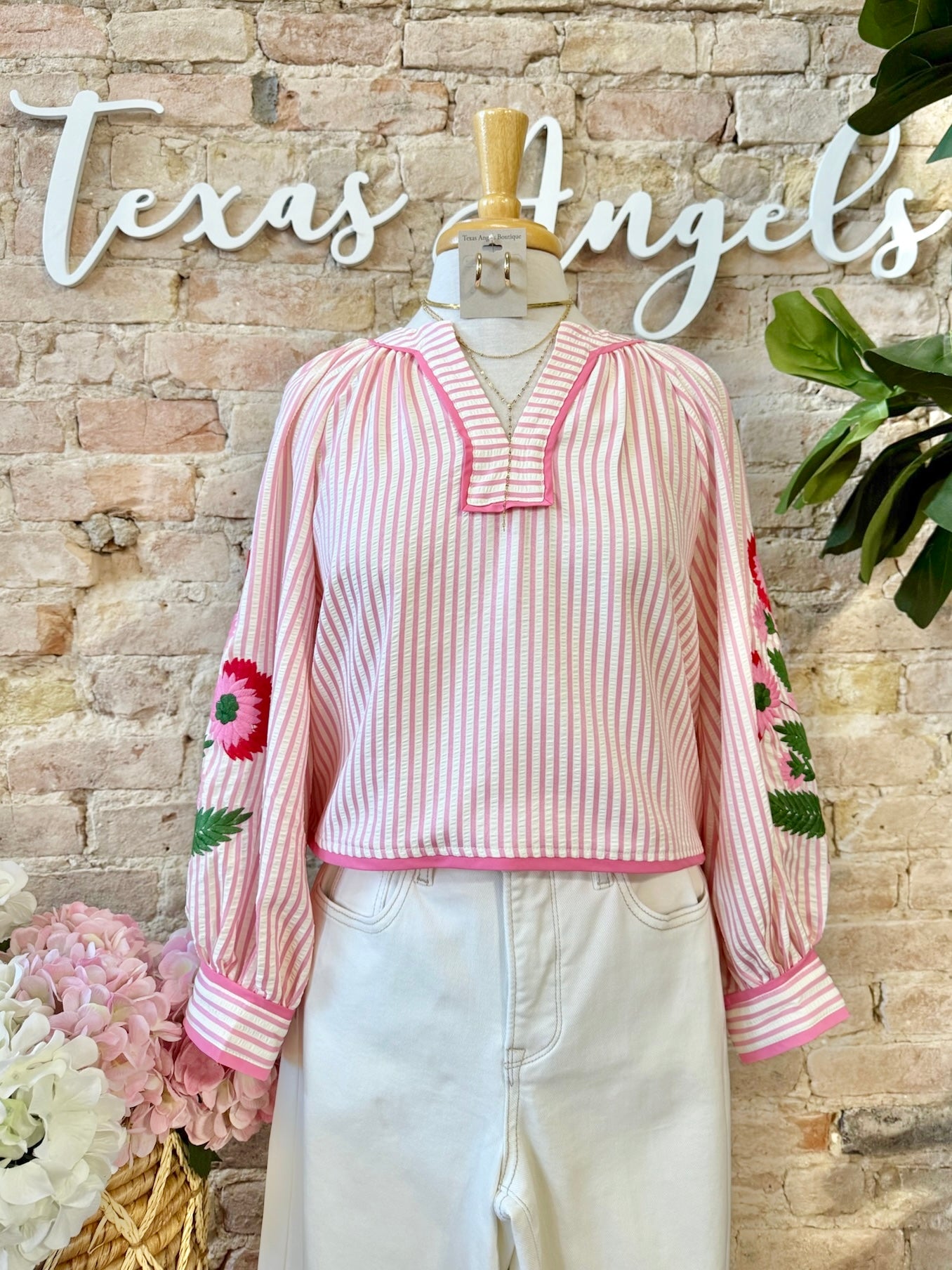 Can't Stop Staring At You Pink Striped Embroidered Blouse